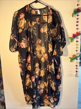 EUC Live 4 Truth sheer black floral kimono OPEN FRONT swimsuit, cover-up car